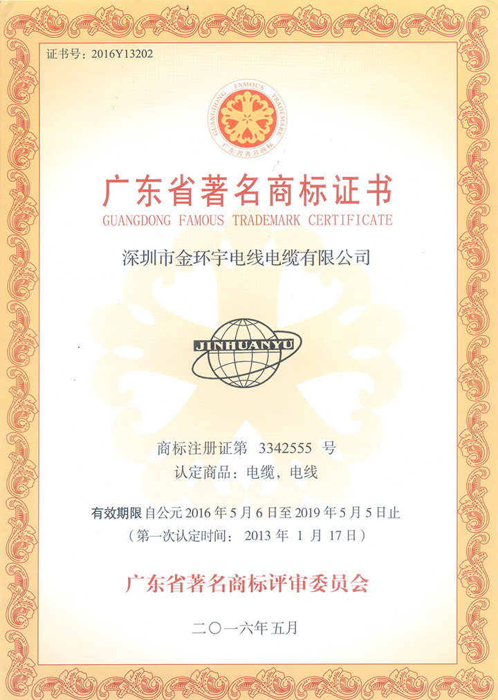 廣東省著名商標(biāo)證書